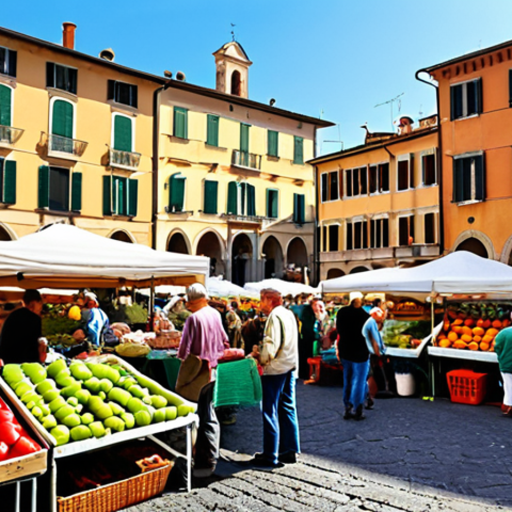 ** A vibrant farmers market in an Italian piazza, bustling with people buying fresh produce directly from local farmers. Stalls overflow with colorful fruits and vegetables, and artisan bread. In the background, there are historic buildings. The image should convey a sense of community, freshness, and the support of local, sustainable agriculture.

**