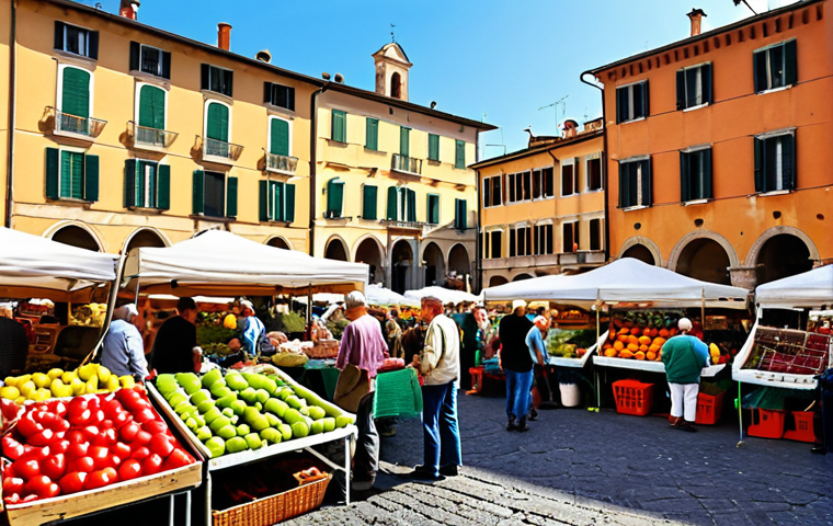 ** A vibrant farmers market in an Italian piazza, bustling with people buying fresh produce directly from local farmers. Stalls overflow with colorful fruits and vegetables, and artisan bread. In the background, there are historic buildings. The image should convey a sense of community, freshness, and the support of local, sustainable agriculture.

**