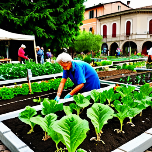 Home 18 **
"A vibrant community garden in an Italian piazza, filled with diverse people of all ages working together, tending to plants and vegetables, fully clothed, appropriate attire, safe for work, a warm, sunny day, perfect anatomy, natural proportions, professional photography, high quality, family-friendly, emphasizing collaboration and shared effort."
**