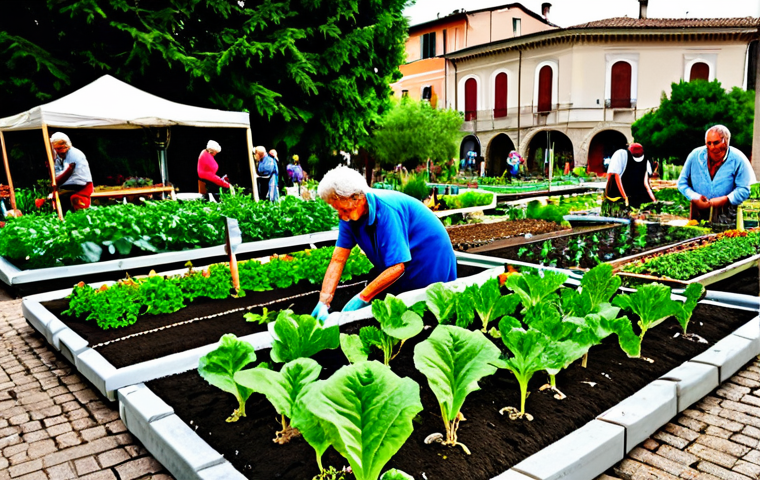 **
"A vibrant community garden in an Italian piazza, filled with diverse people of all ages working together, tending to plants and vegetables, fully clothed, appropriate attire, safe for work, a warm, sunny day, perfect anatomy, natural proportions, professional photography, high quality, family-friendly, emphasizing collaboration and shared effort."
**