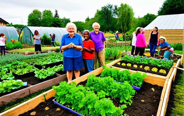 Community Garden Gathering**
"A group of diverse, fully clothed people of varying ages are gathered in a vibrant community garden. They are tending to vegetable patches, laughing, and sharing produce. The garden is lush with a variety of plants and flowers. In the background are sustainable buildings constructed with natural materials like wood and straw bales. Warm, natural lighting, safe for work, appropriate content, fully clothed, modest attire, family-friendly, professional photography, perfect anatomy, correct proportions, well-formed hands, natural pose."
**
